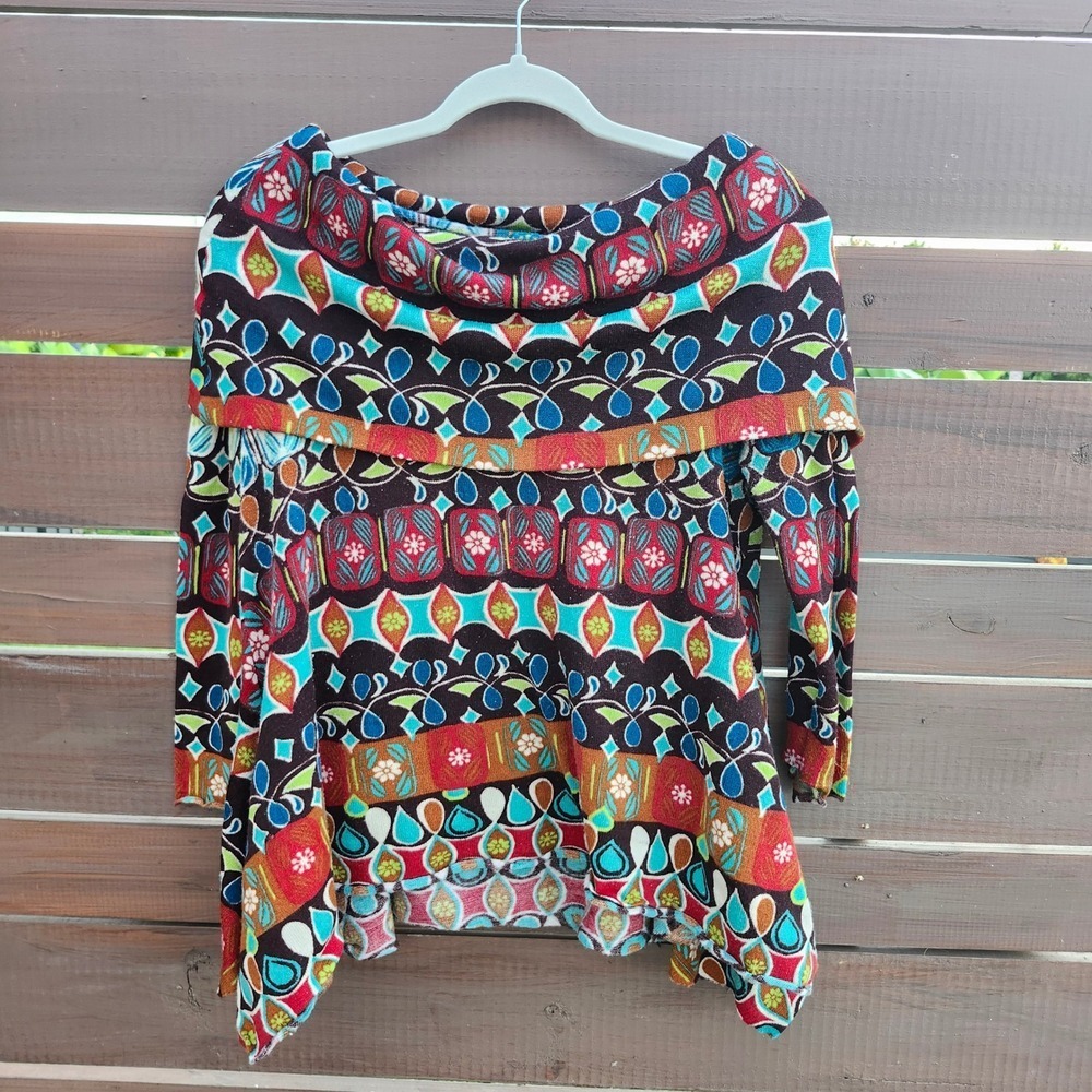 Boho‎ Knit Cowl Neck Sweater Kopacetick Colorful Retro Artsy Print M/L/XL Fit